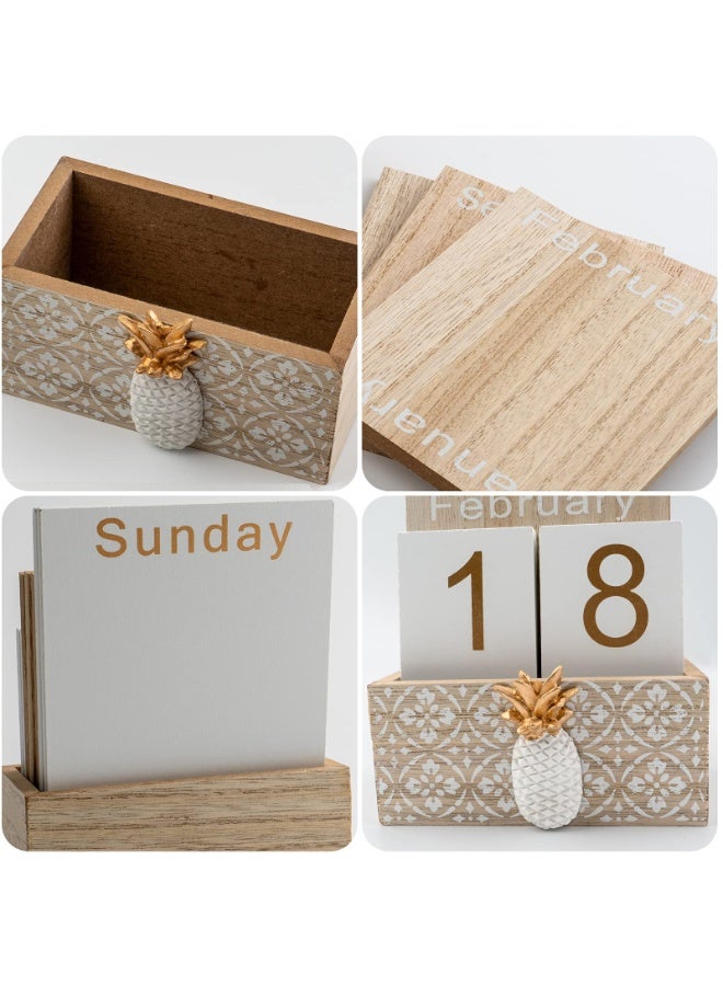 Vintage Wood Block Perpetual Calendar Month Week Date Display for Home Office Desk Rustic Decoration, Brown pineapple - Image 5